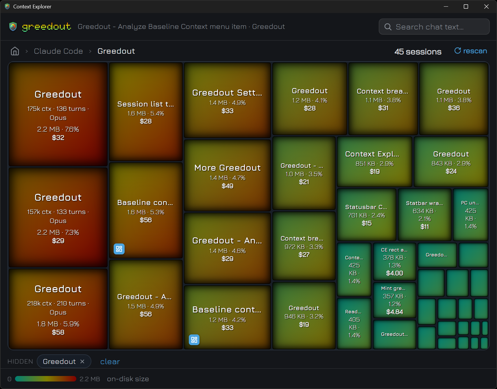 Greedout's Context Explorer: a heat-colored treemap of a project's sessions sized by transcript, each tile showing context, turns, and estimated cost, with a chat-text search box.