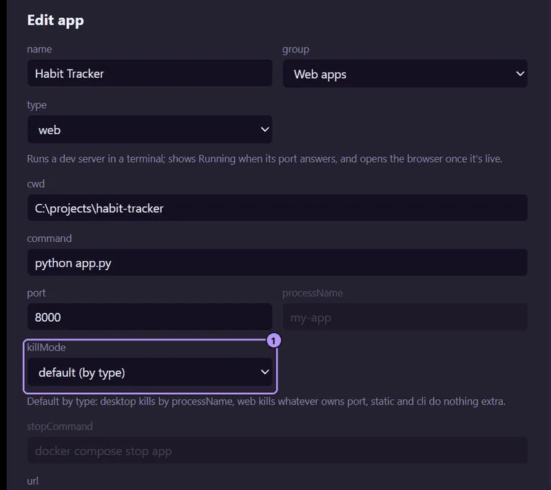 The Edit app dialog from name down to stopCommand, with the killMode select outlined; unused fields such as processName and stopCommand are dimmed