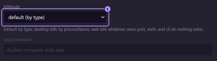 The killMode select in the Edit app dialog, set to “default (by type)”, with its hint line listing what each type does by default