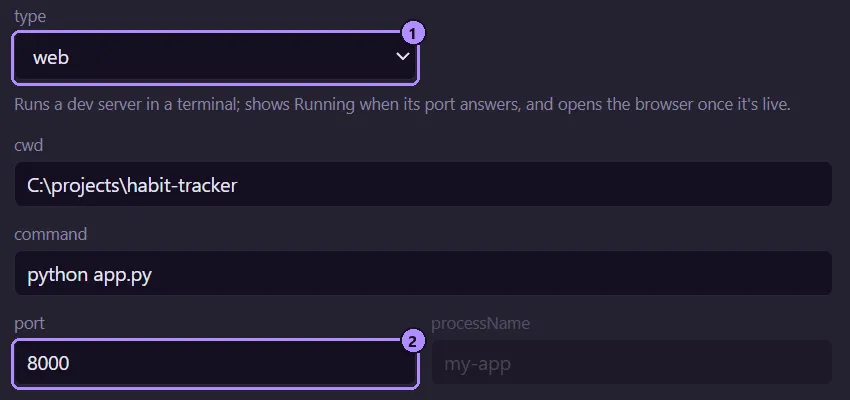 The Edit app dialog for a web app: type set to web with a one-line description, and a port field filled in