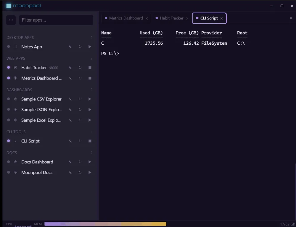 Hub with the CLI Script tab active: apps grouped on the left, one terminal tab per app on the right