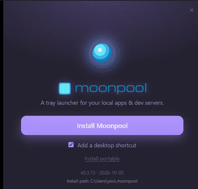 The install card: Install Moonpool button, desktop shortcut checkbox, Install portable link and the install path