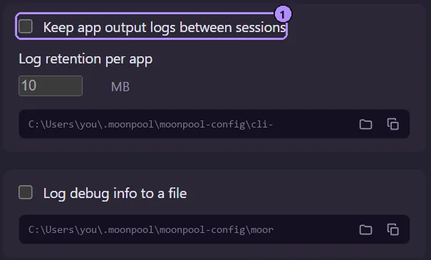 The Logging section of Settings: the keep-logs checkbox, the per-app retention size in MB, and the debug-log checkbox, each with a folder path row