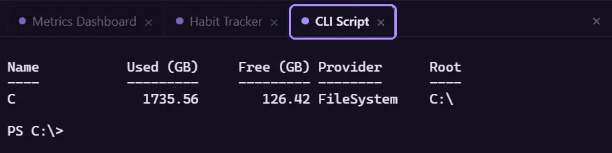 A cli app’s terminal tab showing a PowerShell command’s output and an open prompt below it