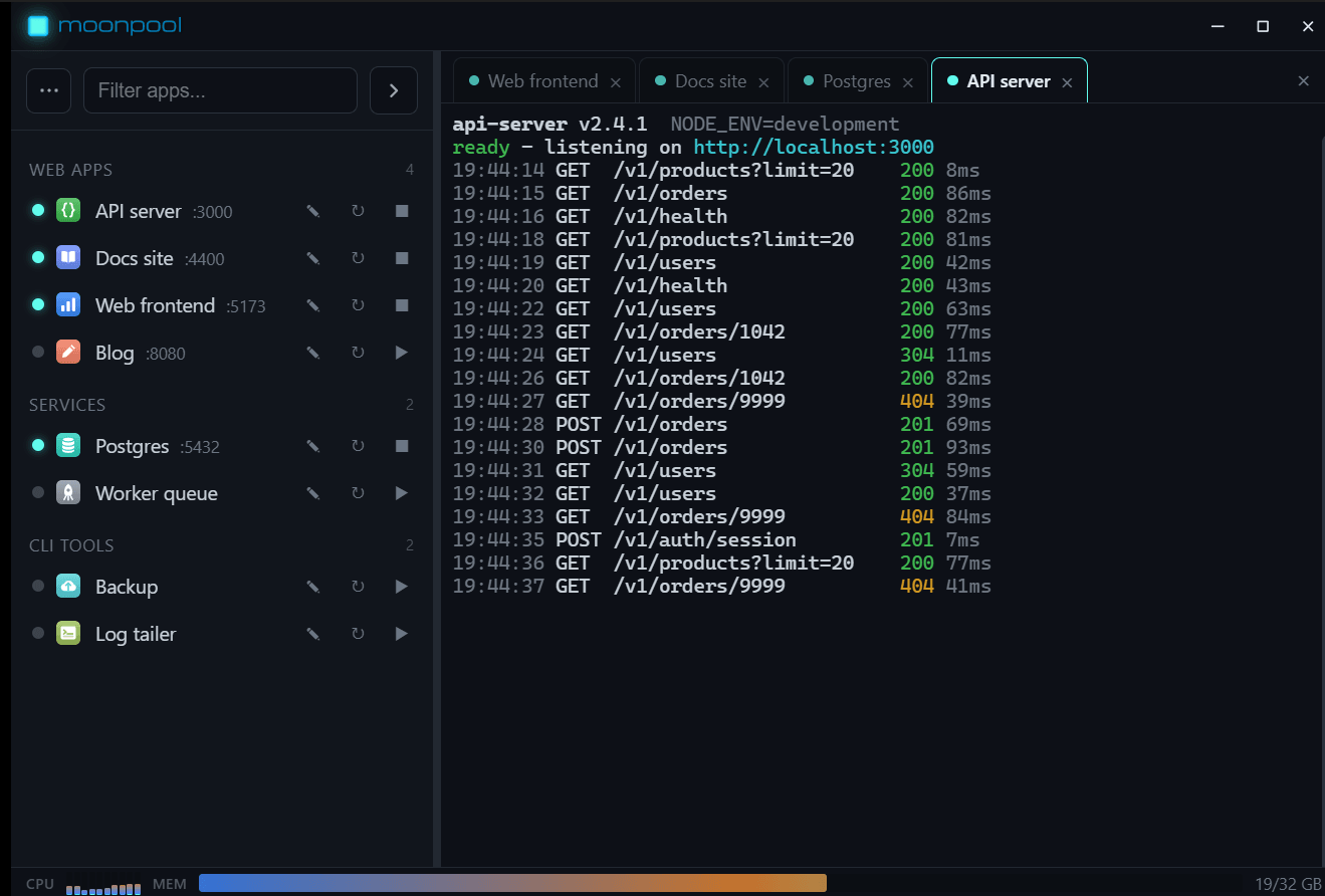MoonPool's main window in the dark theme: a grouped, searchable sidebar of apps with live status on the left, and a running web app streaming its console output into the embedded terminal on the right.