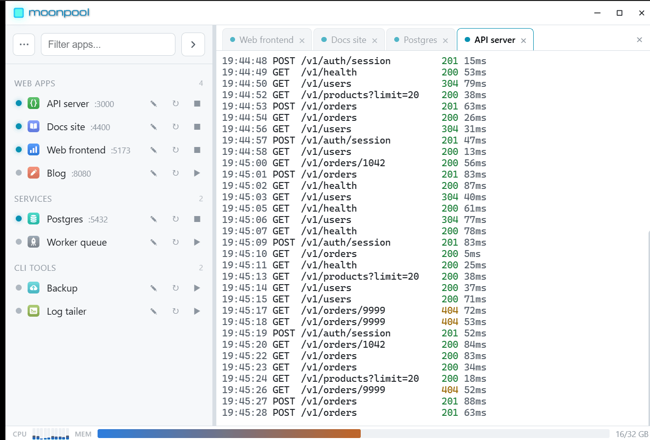 MoonPool's main window in the light theme.