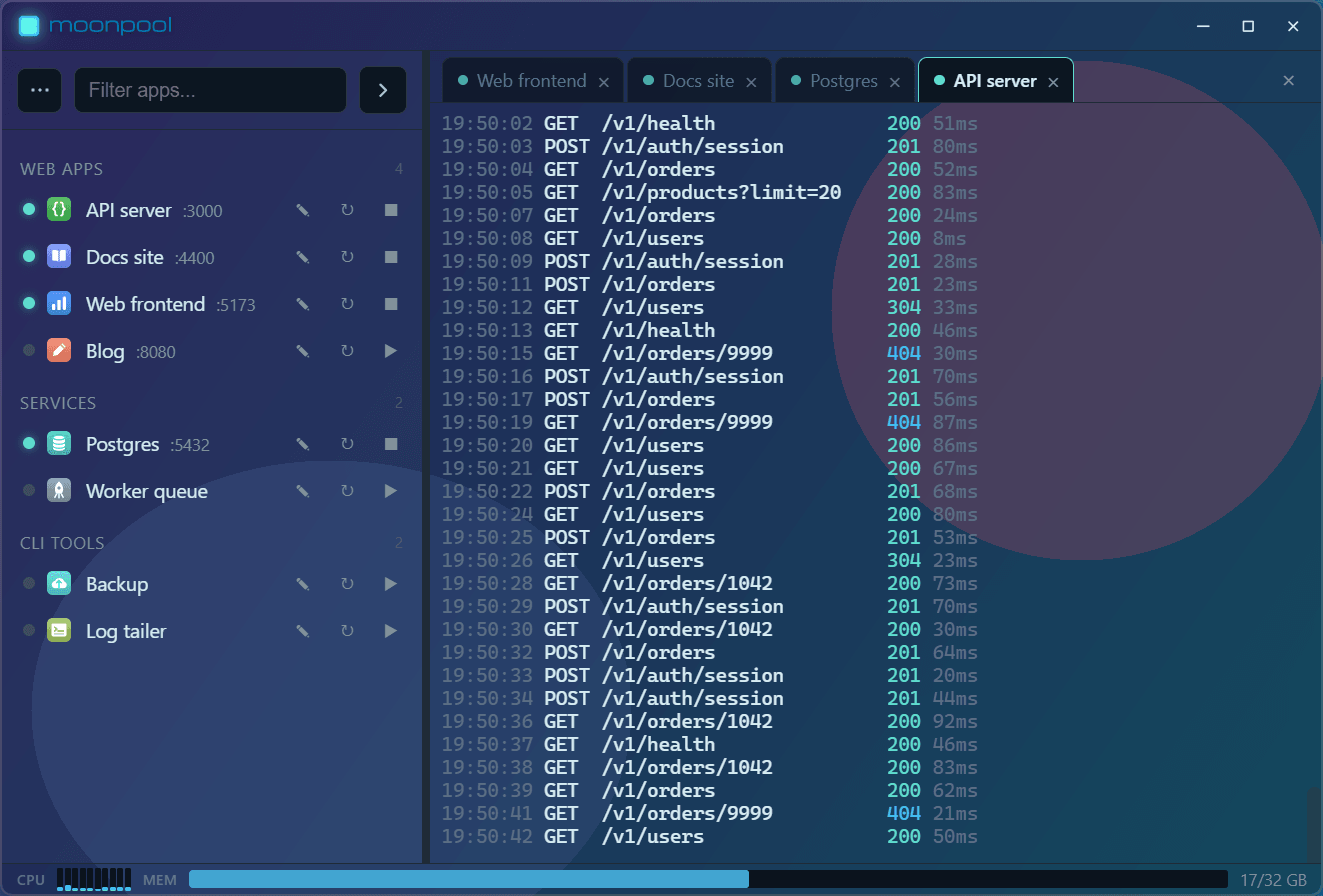 MoonPool's main window with the Deep Sea theme at 45 percent opacity, the desktop showing through.