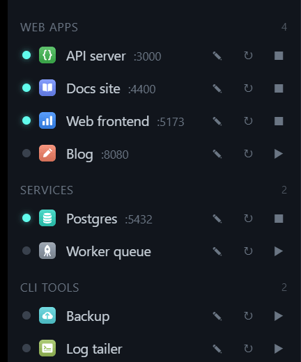 MoonPool\'s sidebar: apps grouped into collapsible sections with a search box on top and a status dot beside each app.